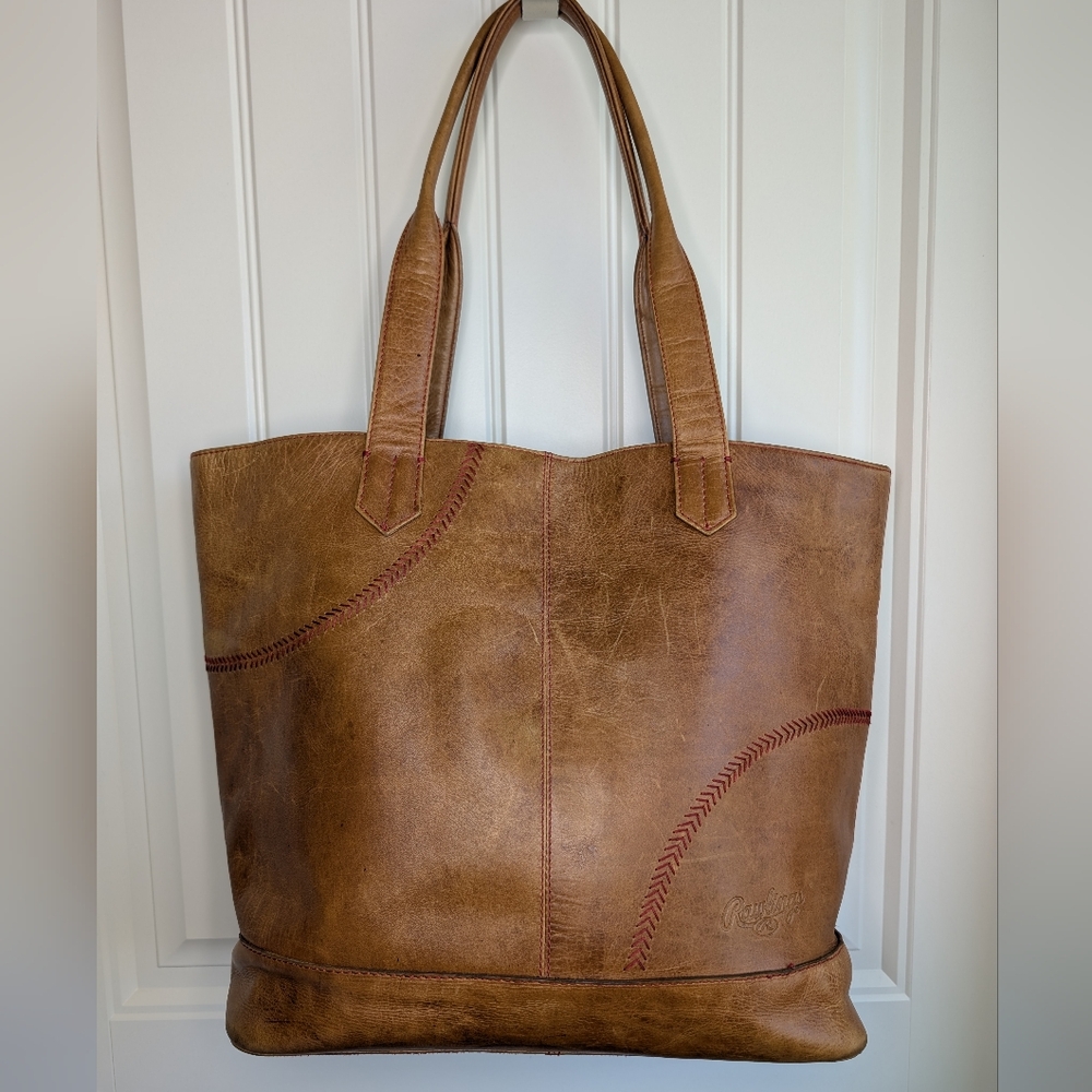 Rawlings Brown Leather Tote Bag Baseball Stitching